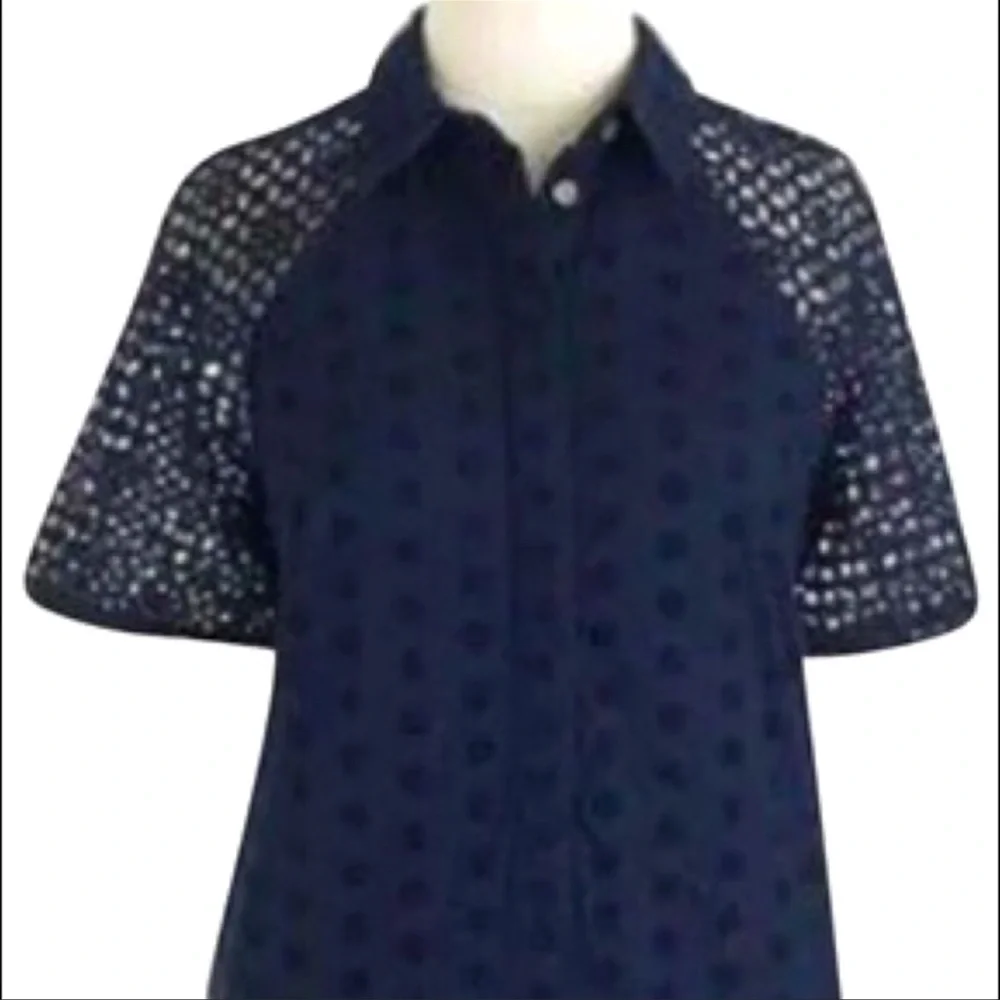 J. Crew Cotton Eyelet Dress w/Collar and Hidden Button Placket Size 4P Navy - Picture 2 of 14